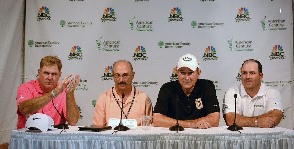 Addressing the American Century Championship press, from left, Billy Joe Tolliver, Steve Schorr, Rick Rhoden and Chad Pfeifer. Tim Parsons / Tahoe Onstage