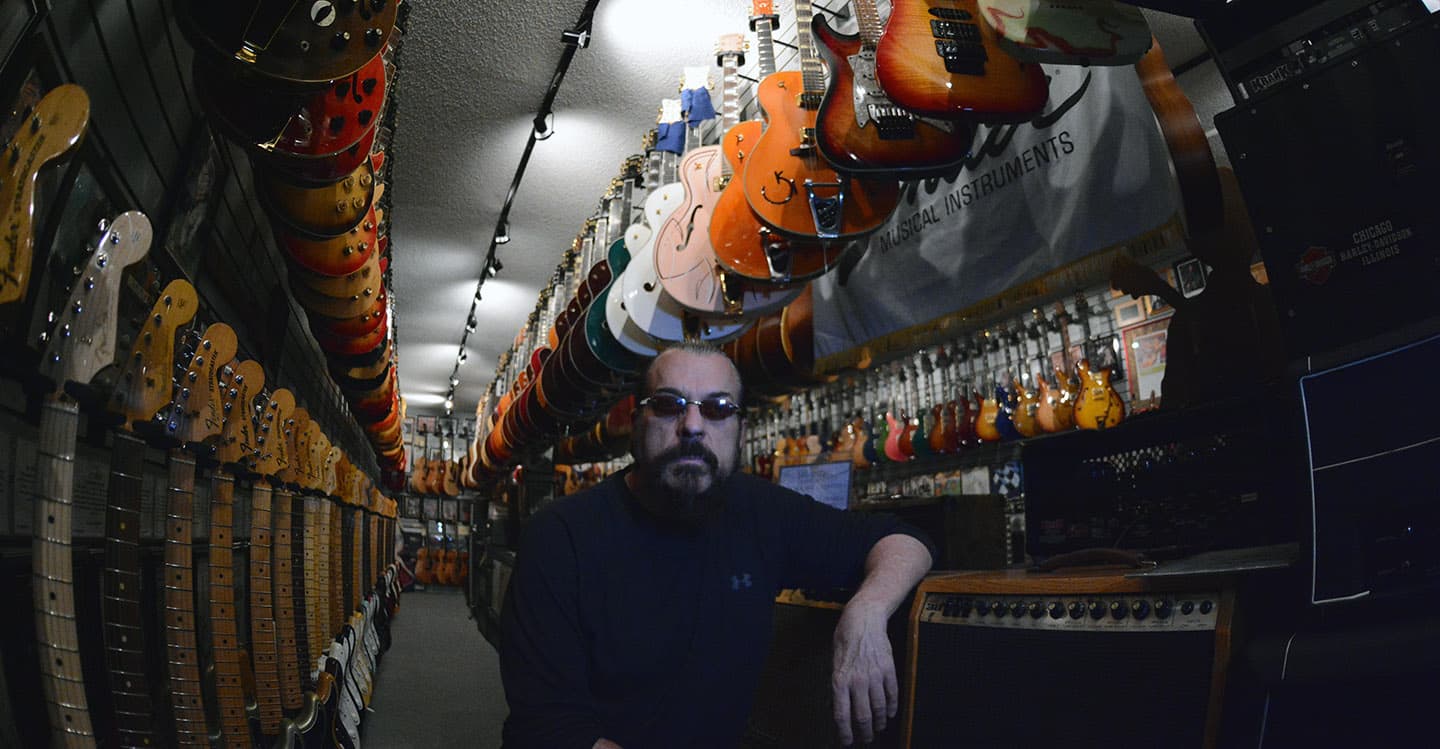 Greg Golden and his collection in the famed "Vault" beneath Bizarre Guitar in Reno. Tim Parsons/ Tahoe Onstage