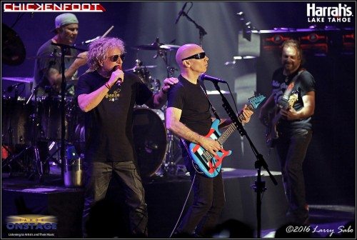 Onstage for the first time since 2010, Chad Smith, left, Joe Satriani, Sammy Hagar and Michael Anthony -- Chickenfoot -- rock the South Shore Room. Tahoe Onstage images by Larry Sabo