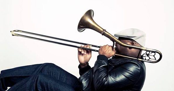 Big Sam's trombone has a unique shape.