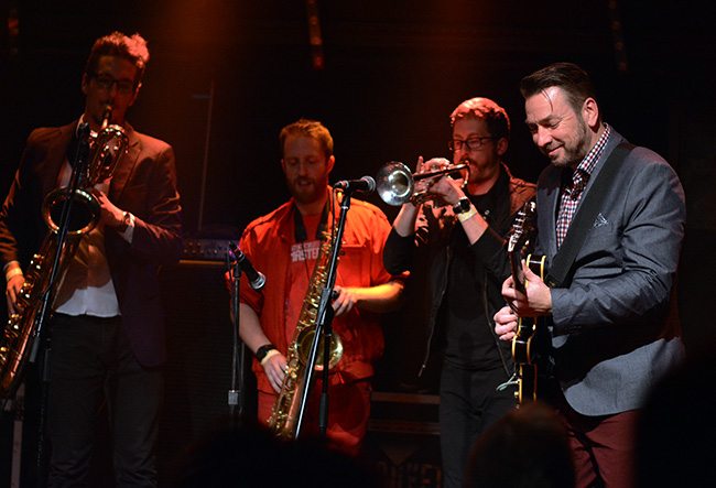 Eddie Roberts welcomes the Turkuaz horns to the stage. Tahoe Onstage photo by Tim Parsons